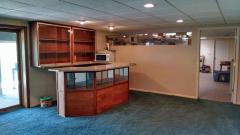 Lower Level family room, carpeted, with dry bar, shelving and walkout to brick paver patio and yard.